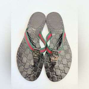 Gucci Black Leather Lifford interlocking GG web Thong Fabric flat sandals EU 40